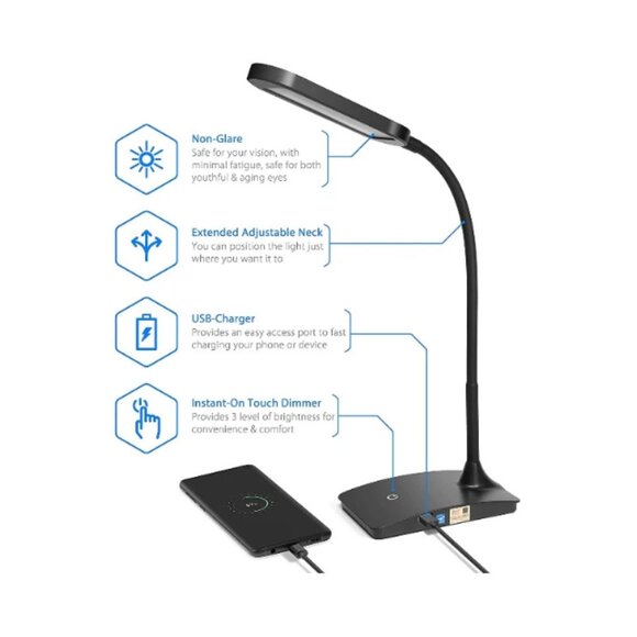 TW Lighting LED Desk Lamp with USB Charging Port Dimmable Lamps Black - New - Picture 2 of 4